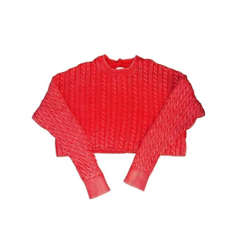 Aerie Cotton Oversized Red Acid Wash Cropped Cable Knit Pullover Sweater